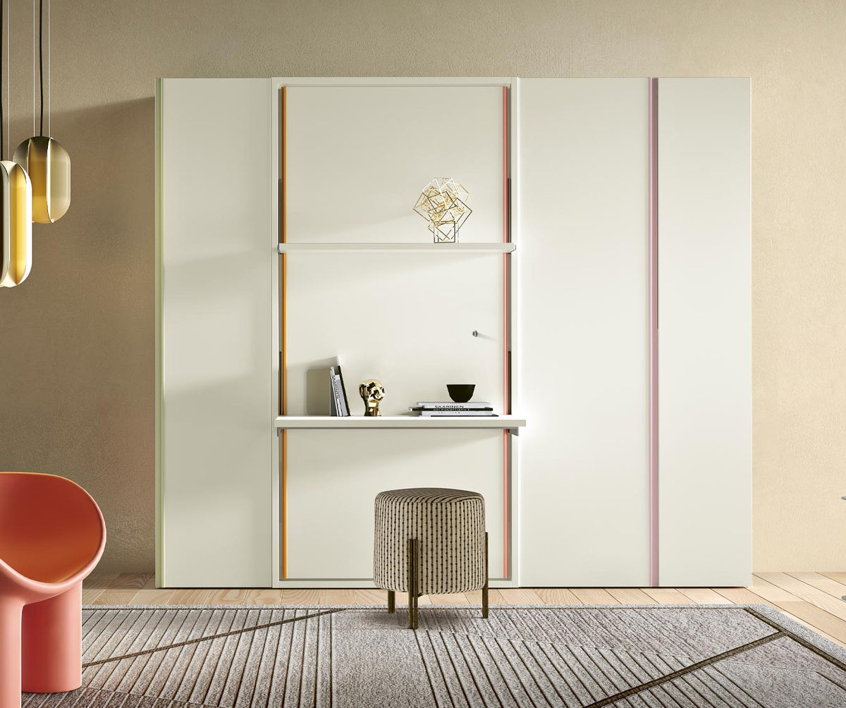 LUCY BUREAU Enfant Mélaminé Blanc, bureau escamotable intégré dans un meuble mural blanc avec étagères, dans un intérieur moderne et épuré.