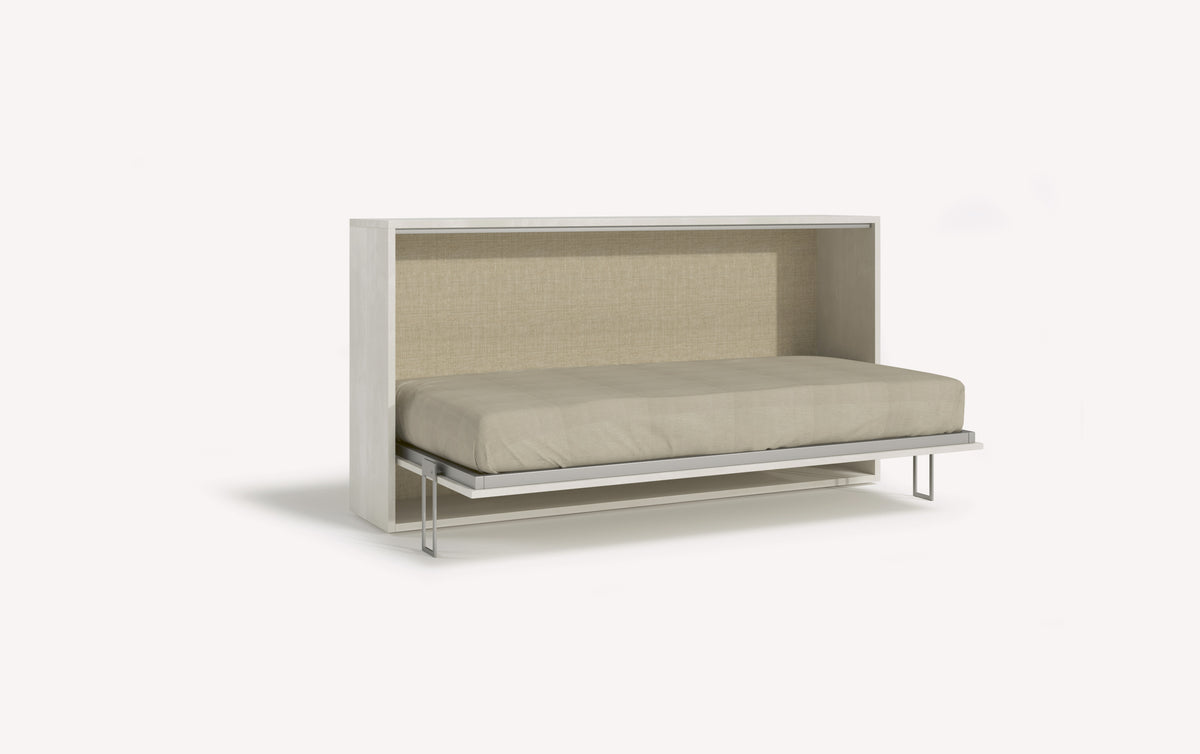 Canapé convertible moderne intégré à un meuble en mélaminé blanc avec couchage quotidien, présenté avec LUCY BUREAU Enfant Mélaminé Blanc.