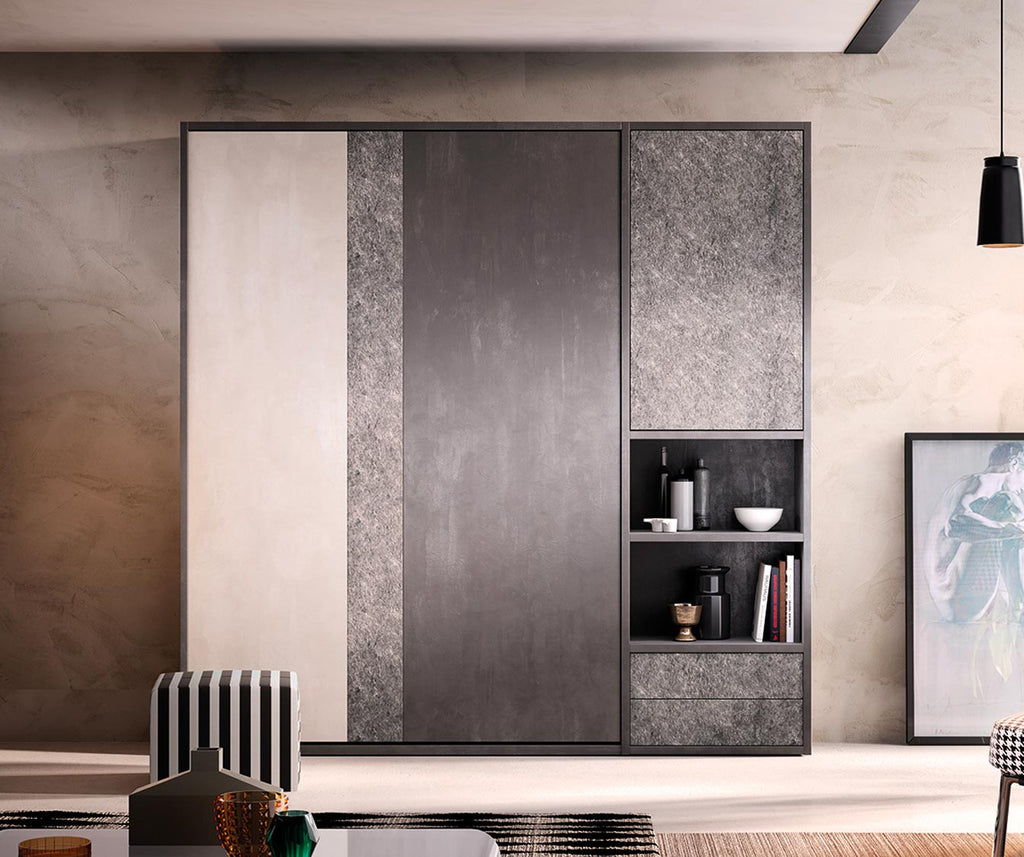 Armoire-lit moderne avec finition mélaminée en blanc et gris, intégrant des étagères ouvertes et des rangements fermés, modèle LUCY Design Mélaminé Blanc.