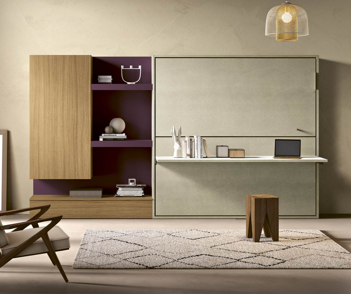 Mur de rangement avec lit escamotable, étagères et espace bureau intégré, dans un design moderne et épuré. Modèle LUCY DUO +50 coloris & matériaux.