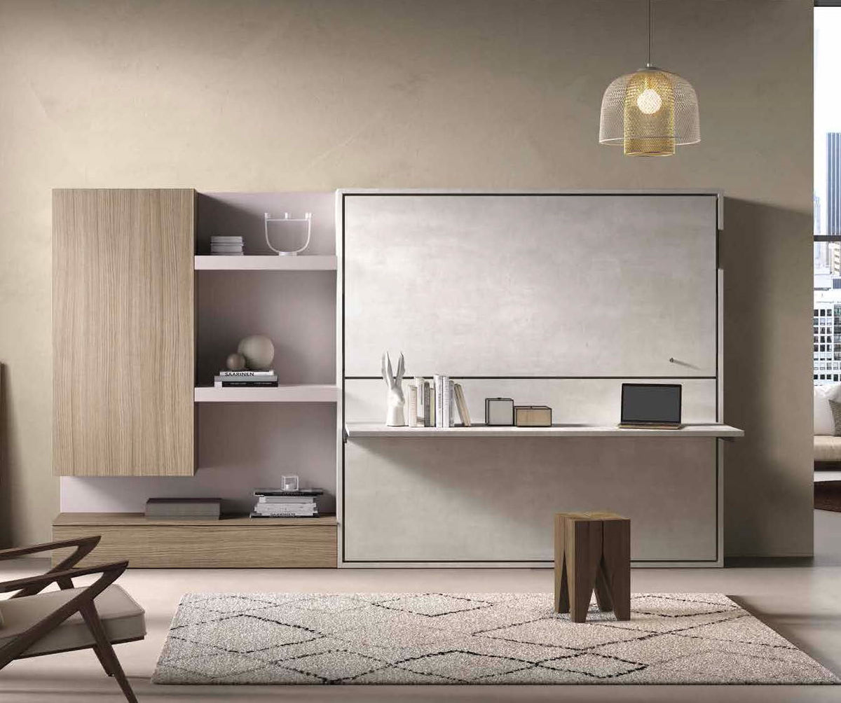 Espace de vie moderne avec armoire-lit escamotable LUCY DUO +50 coloris & matériaux intégrée dans un mobilier en bois clair, associant fonctionnalité et design épuré pour optimiser l’espace.
