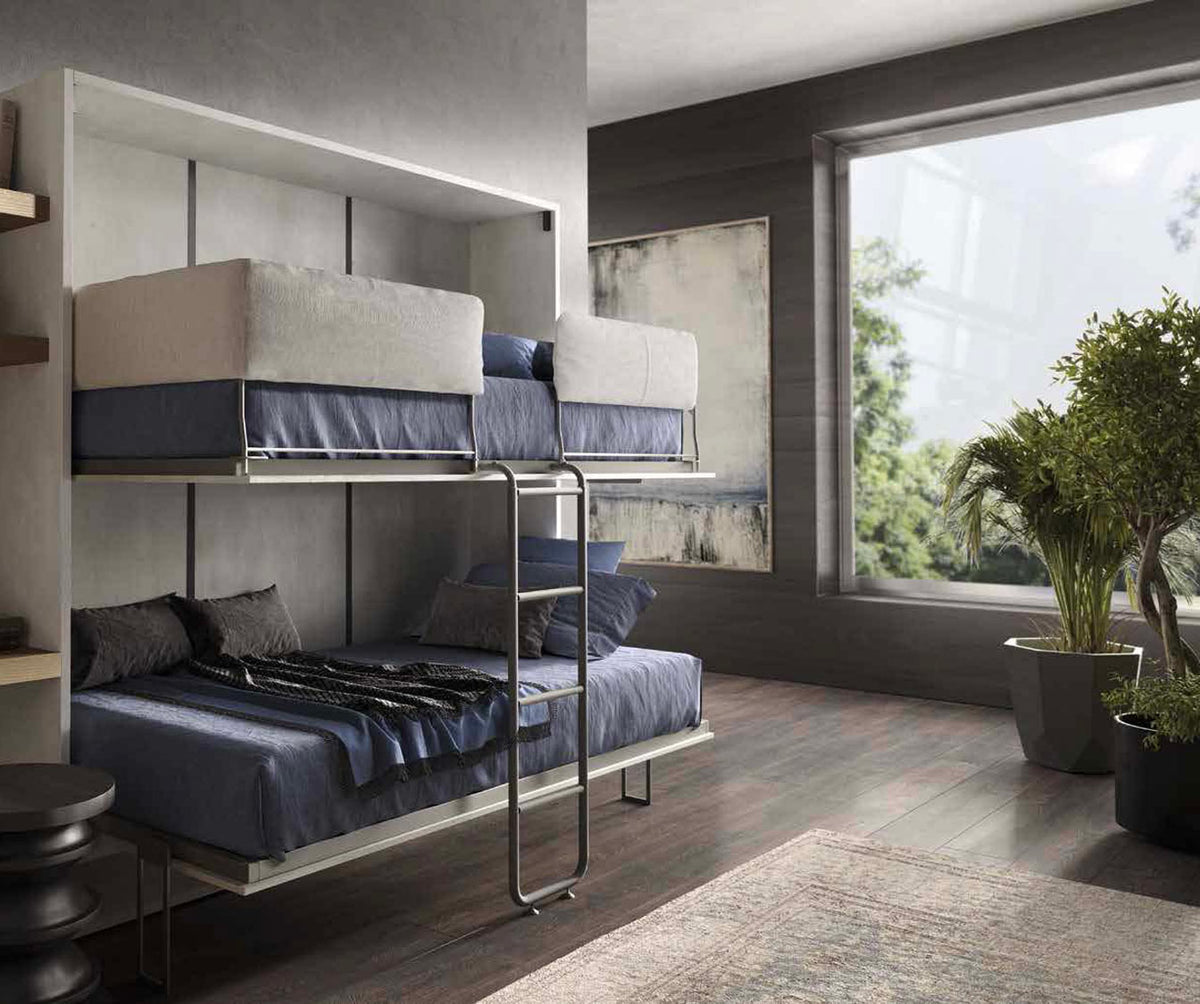 Lit escamotable double superposé au design moderne dans un salon lumineux avec grandes fenêtres et décoration minimaliste, modèle LUCY DUO +50 coloris & matériaux.