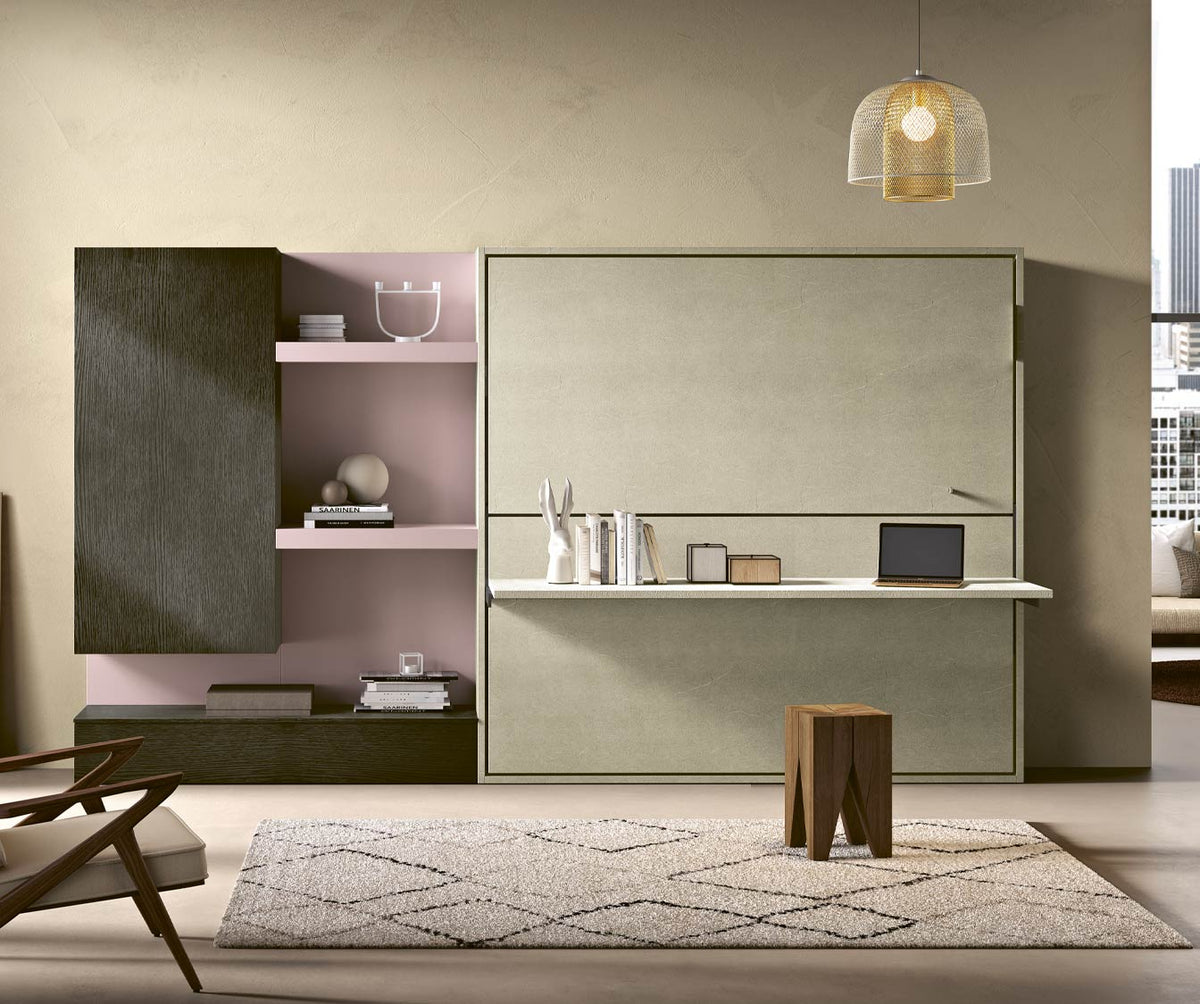 Coin repas multifonction avec armoire-lit repliée, décoration moderne et épurée, mettant en valeur le modèle LUCY DUO +50 coloris & matériaux dans un salon contemporain.
