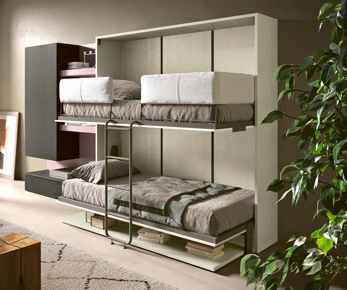 Lit escamotable superposé design avec deux couchages équipés de couchage quotidien et structure en matériaux modernes dans un intérieur contemporain, modèle LUCY DUO +50 coloris & matériaux.