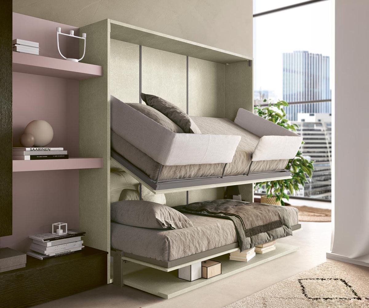 Lit escamotable double avec canapé intégré déplié, dans un intérieur contemporain avec vue urbaine, modèle LUCY DUO +50 coloris & matériaux.