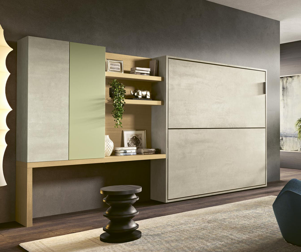 Armoire-lit moderne en finition béton et vert pastel intégrant un espace bureau avec étagères décoratives, exemple du modèle LUCY DUO +50 coloris & matériaux, idéal pour optimiser l’espace.