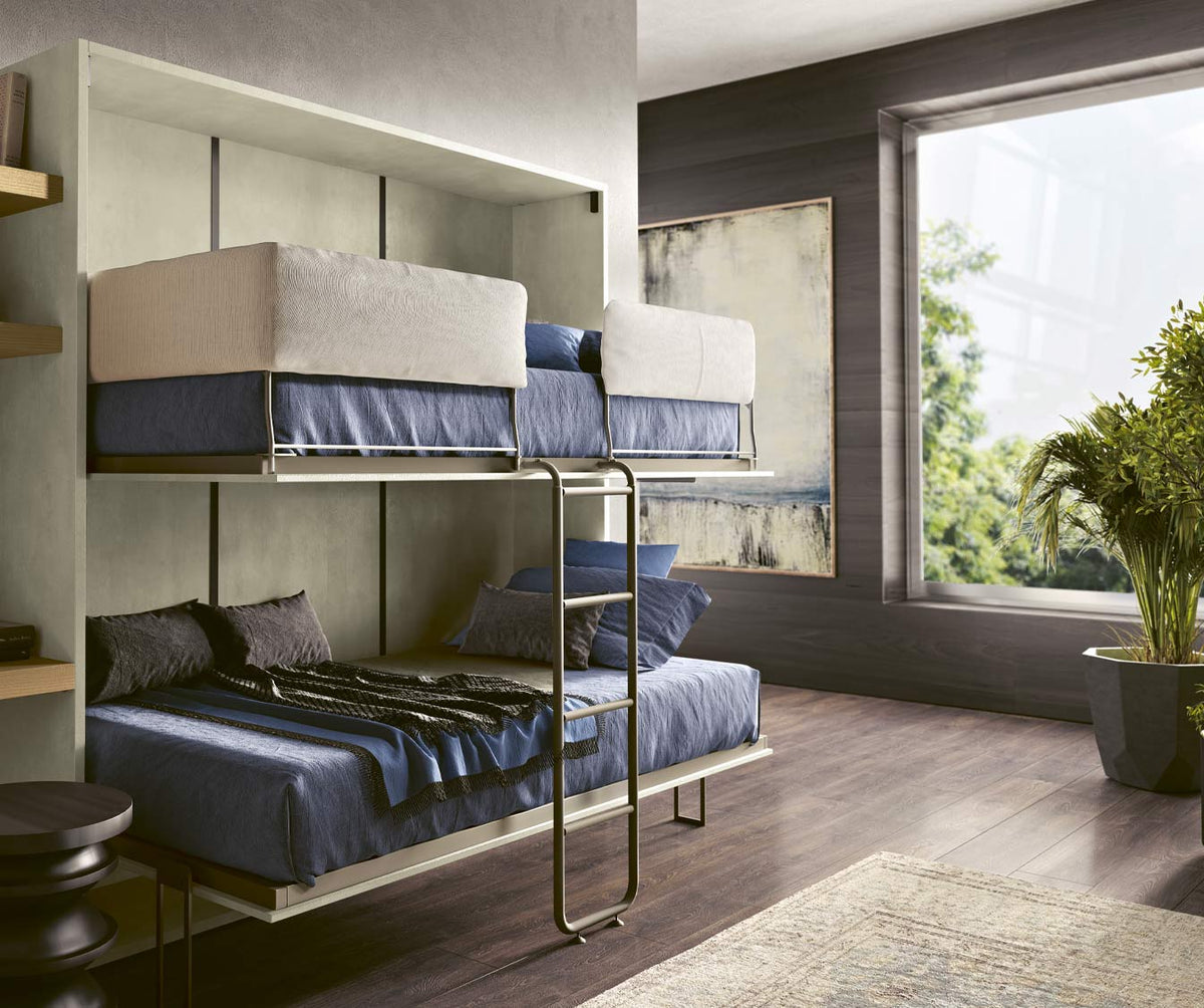 Lit escamotable superposé design avec échelle en métal dans un salon moderne lumineux, modèle LUCY DUO +50 coloris & matériaux offrant un couchage pratique et élégant.