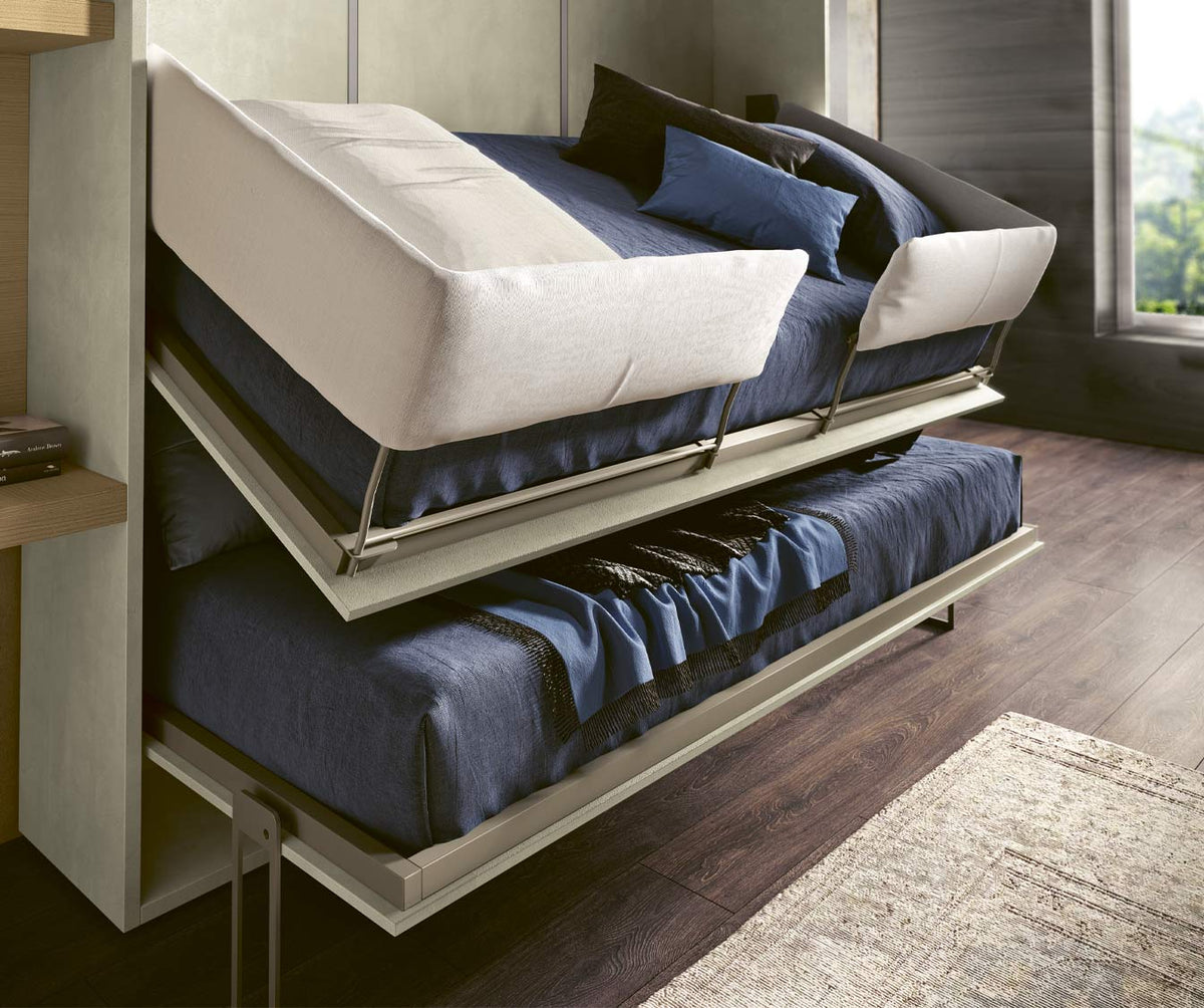Lit escamotable double fonctionnel de style moderne avec système innovant et tissu sobre, exemple du modèle LUCY DUO +50 coloris & matériaux dans un intérieur contemporain lumineux.