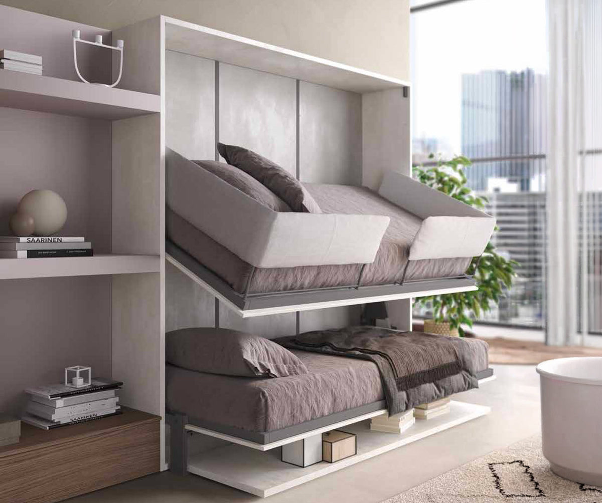 Lit escamotable double design moderne avec rangements intégrés dans un intérieur contemporain lumineux, modèle LUCY DUO +50 coloris & matériaux offrant un couchage fonctionnel et élégant.