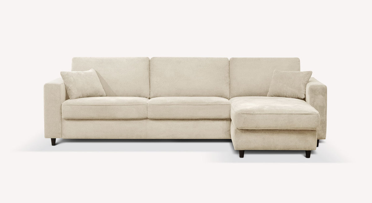 Canapé d'angle convertible en tissu ivoire Moby, modèle Alba, avec accoudoirs et coussins assortis