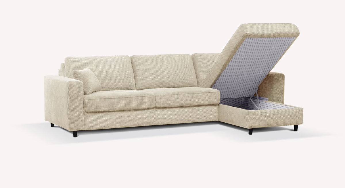 Canapé d'angle convertible en tissu ivoire avec rangement ouvert, modèle Alba