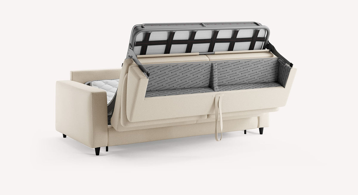 Canapé convertible Alba en tissu ivoire, mécanisme ouvert révélant un espace de rangement et un matelas