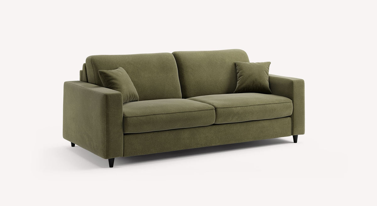 Canapé convertible en tissu kaki, modèle Alba, avec accoudoirs et coussins assortis