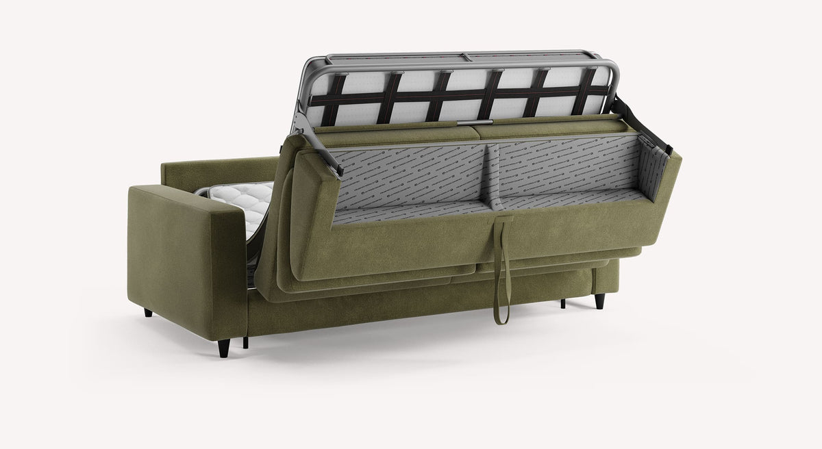 Canapé convertible Alba en tissu kaki, mécanisme ouvert, montrant le rangement intérieur et le matelas