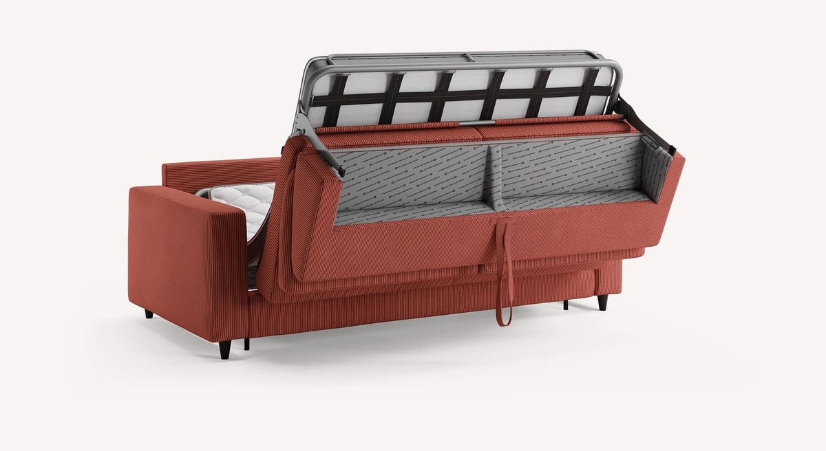 Canapé convertible Alba en tissu Lincoln couleur terra rossa, avec mécanisme de dépliage visible