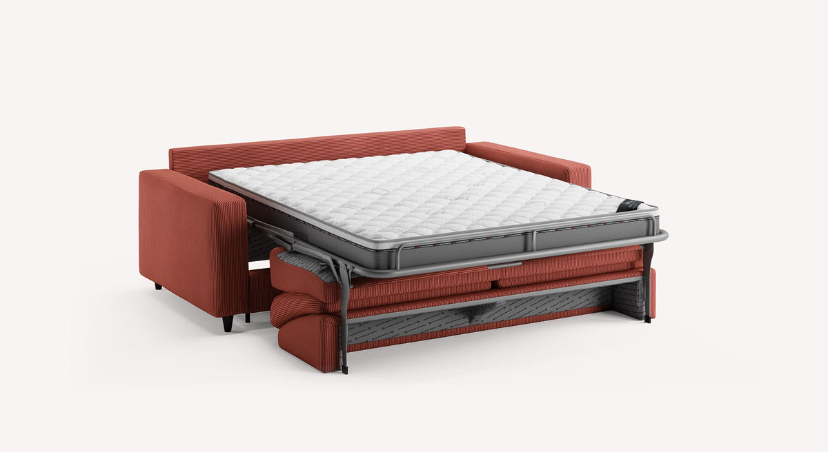 Canapé convertible Alba en tissu Lincoln Terra Rossa, déplié en lit avec matelas visible