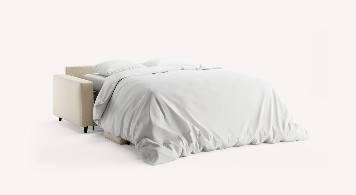Canapé convertible ouvert en tissu ivoire, modèle Alba, avec draps blancs