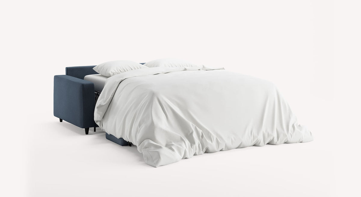 Canapé convertible ouvert en tissu Lincoln nuit, avec draps blancs et coussins
