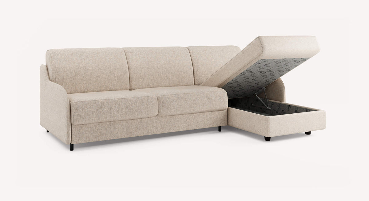 Canapé convertible ALIX Compact Angle Denver Naturel avec espace de rangement coffre ouvert, design compact et tissu naturel beige.