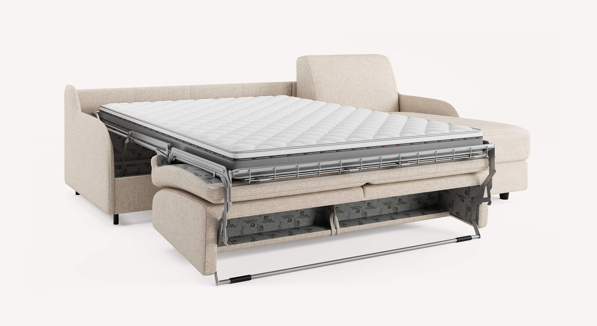 Canapé convertible ALIX Compact Angle Denver Naturel ouvert en couchage avec matelas épais, offrant un lit confortable et pratique pour un usage quotidien.