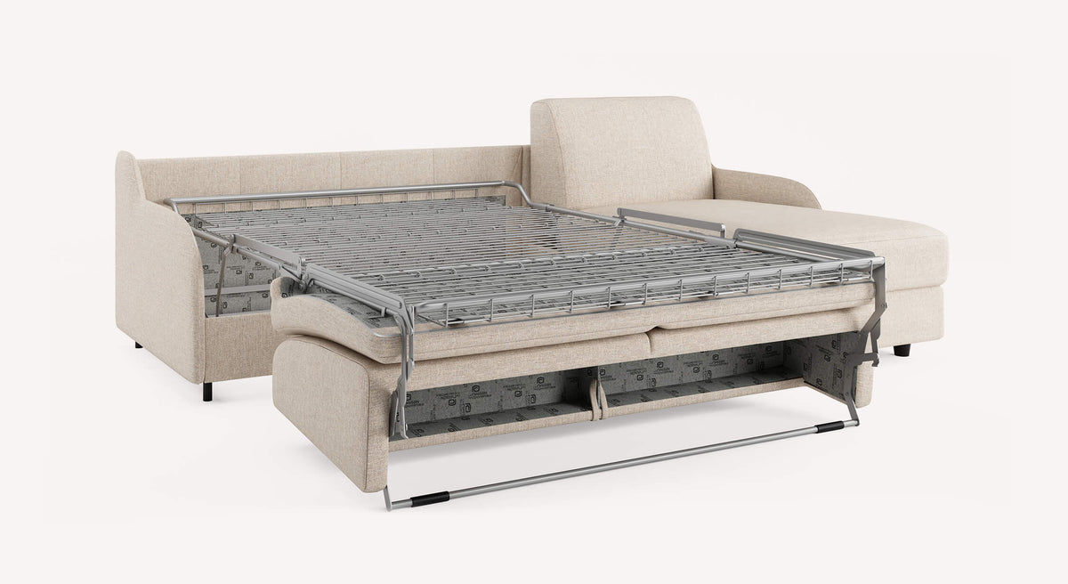 Canapé convertible ALIX Compact Angle Denver Naturel avec couchage déployé, structure en métal robuste et tissu beige naturel, offrant confort et fonctionnalité.