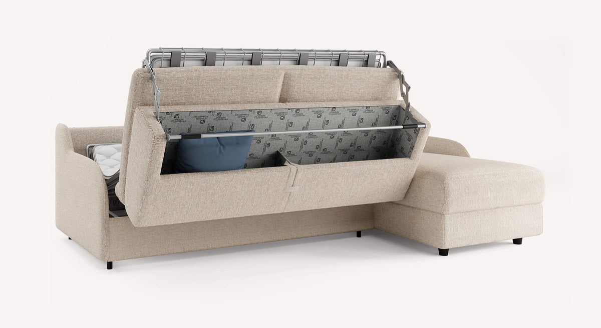 Canapé convertible ALIX Compact Angle Denver Naturel avec rangement intégré sous l'assise, idéal pour optimiser l'espace et offrir un couchage quotidien confortable.