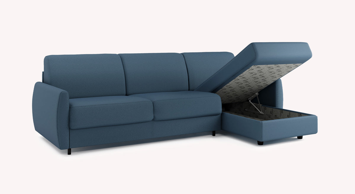Canapé convertible d'angle en tissu bleu avec rangement ouvert, modèle Alix Luna