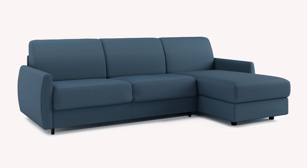 Canapé convertible d'angle en tissu bleu, modèle Alix Luna, avec méridienne à droite