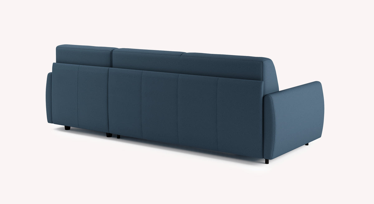 Canapé convertible d'angle en tissu bleu, modèle Alix, vu de dos
