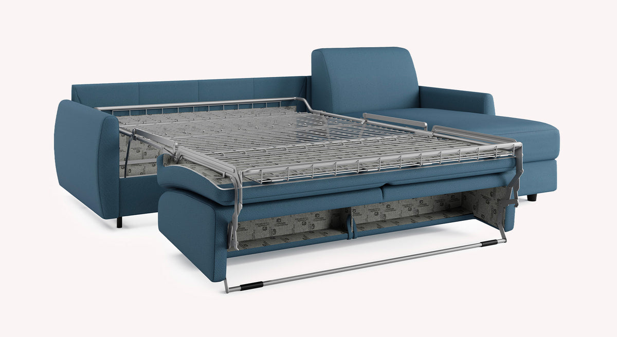 Canapé convertible d'angle en tissu bleu, modèle Alix, avec structure de lit dépliée, design moderne et fonctionnel