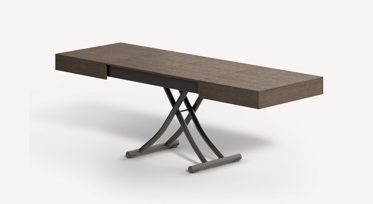 Table extensible design en bois finition sombre, associée au modèle BOX LEGNO Plaqué Rovere wild bianco, idéale pour optimiser l’espace intérieur avec élégance.