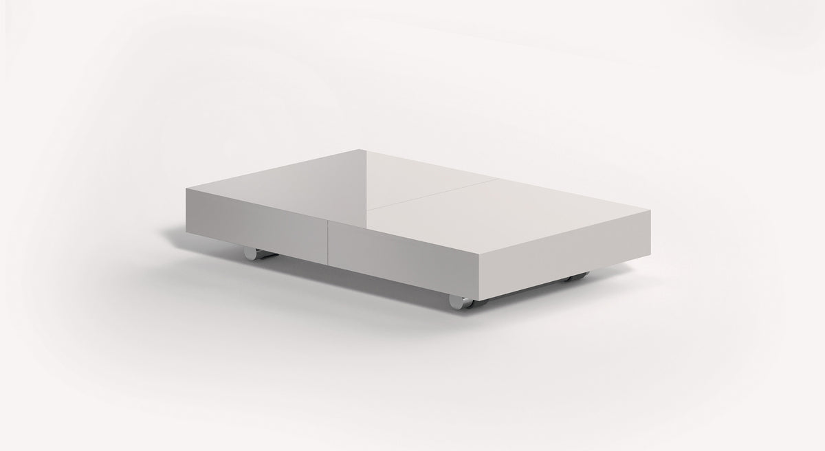 TABLE BASSE BLANCHE LAQUÉE SUR ROULETTES, DESIGN ÉPURÉ ET MODERNE, ACCESSOIRE PRATIQUE POUR ESPACES À VIVRE, BOX Verre Extrachiaro.