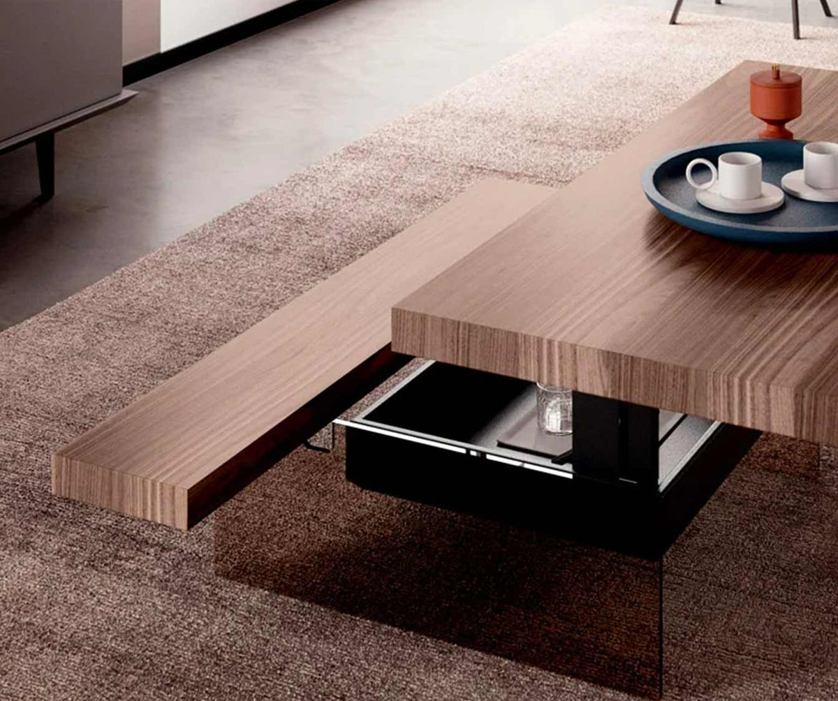 Table basse design en bois plaqué MARKUS Plaqué Rovere vecchio naturale avec plateau extensible et rangement intégré, idéale pour un salon moderne et fonctionnel.