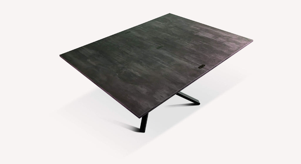 Table pliable en mélaminé gris foncé avec pied métallique noir déployé, design moderne et fonctionnel SHAZAM Mélaminé Pietra.