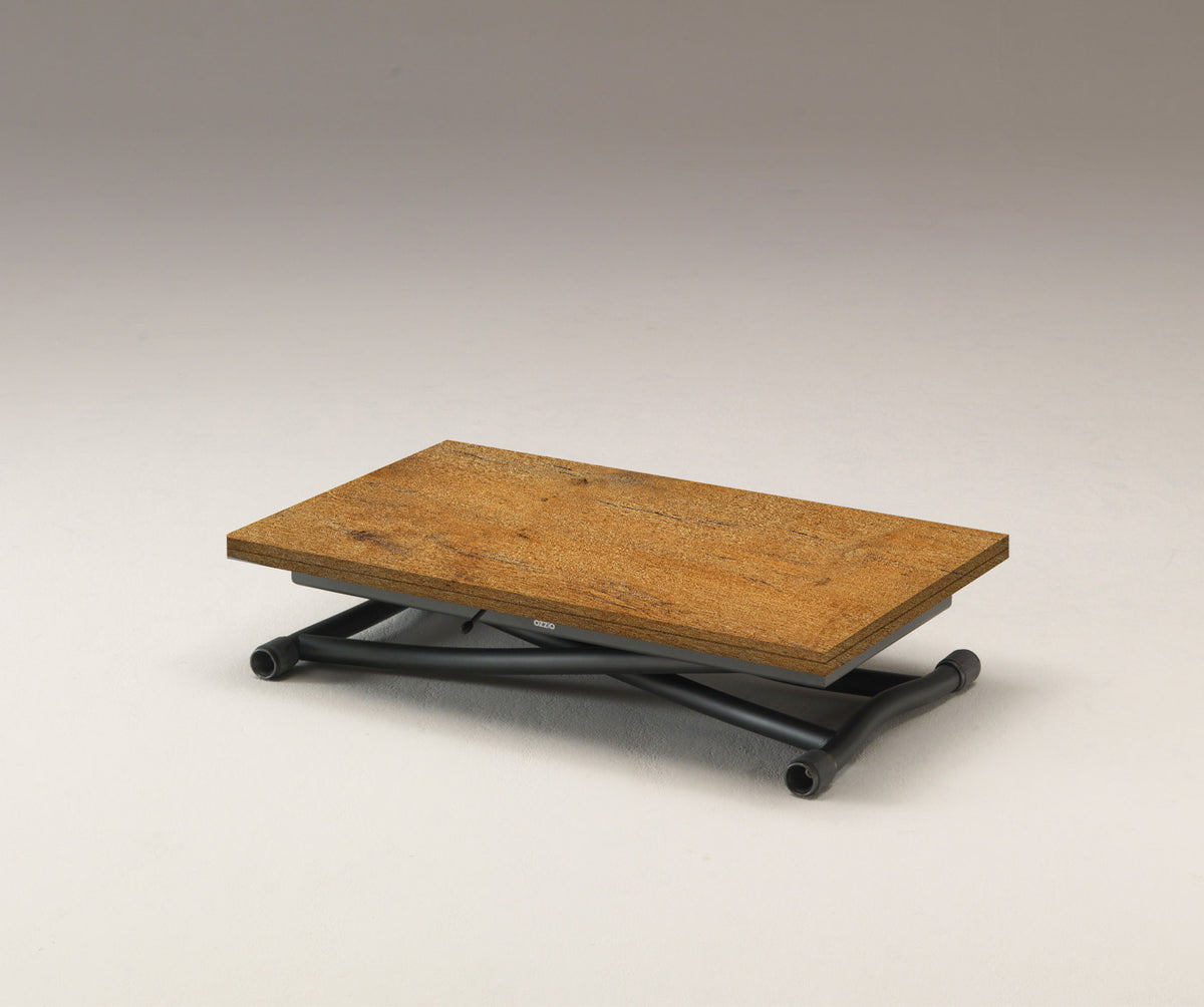 Table basse relevable avec plateau en SYDNEY Mélaminé Vecchio antico sur structure métallique noire, design fonctionnel et moderne pour optimiser l'espace dans le salon.