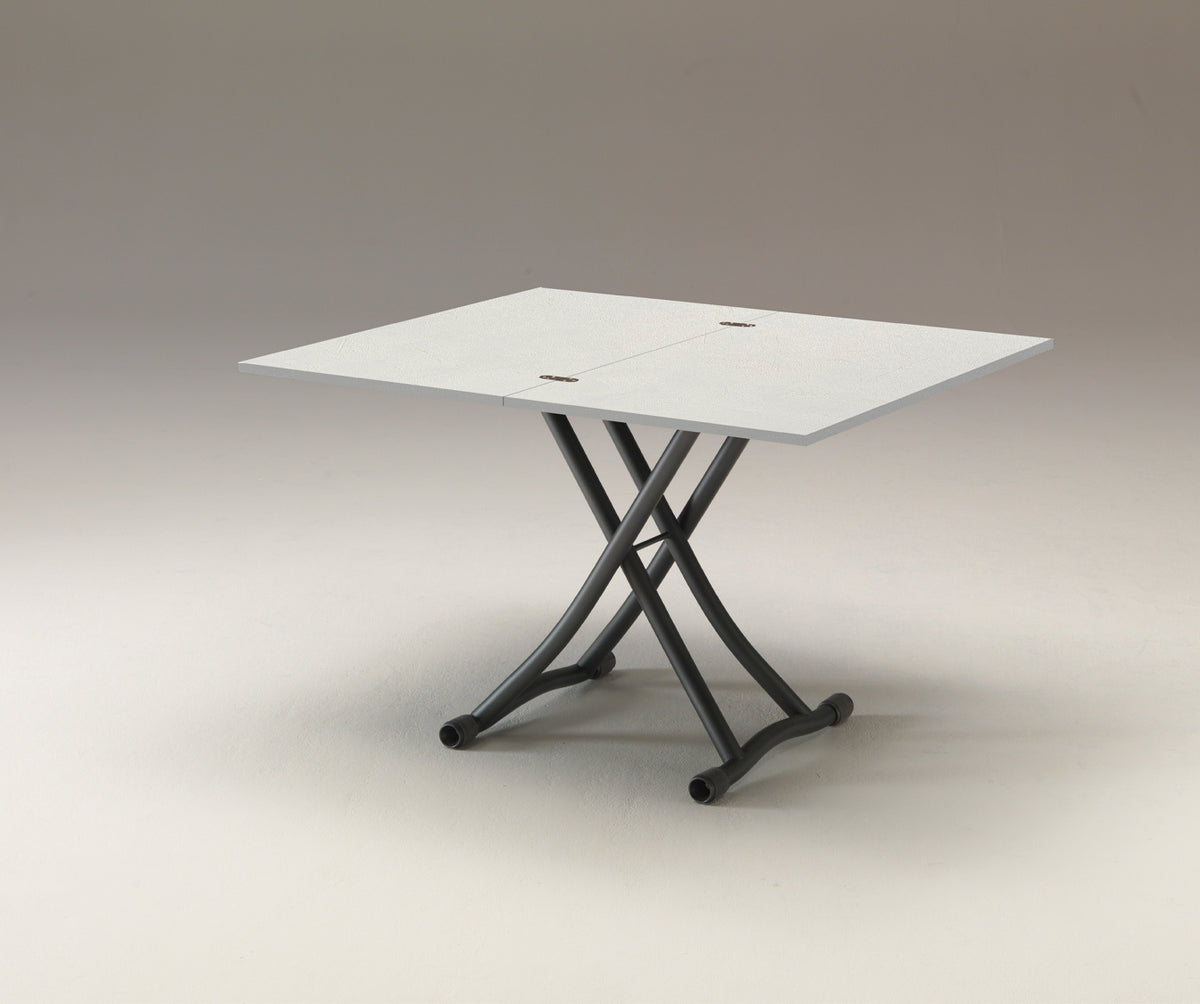 Table extensible moderne SYDNEY Mélaminé Bianco spatolato avec plateau blanc texturé et pieds métalliques noirs en croix, idéale pour petits espaces élégants.