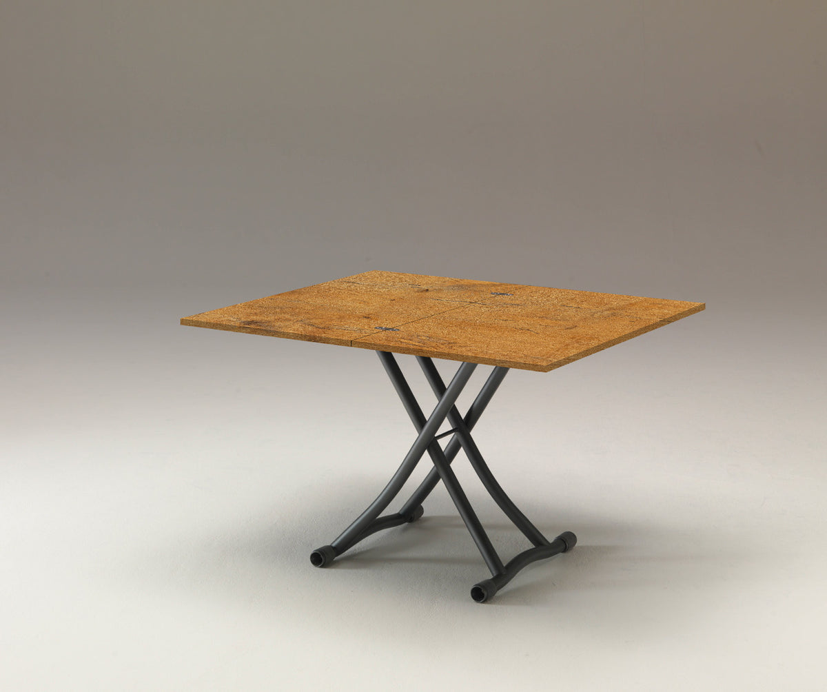 Table extensible au design moderne avec plateau en SYDNEY Mélaminé Vecchio antico et pieds métalliques croisés noirs, parfaite pour optimiser l’espace dans un intérieur contemporain.