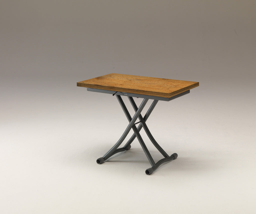 Table extensible avec plateau en SYDNEY Mélaminé Vecchio antico et pieds métalliques noirs en forme de croix, design moderne et fonctionnel pour espaces réduits.