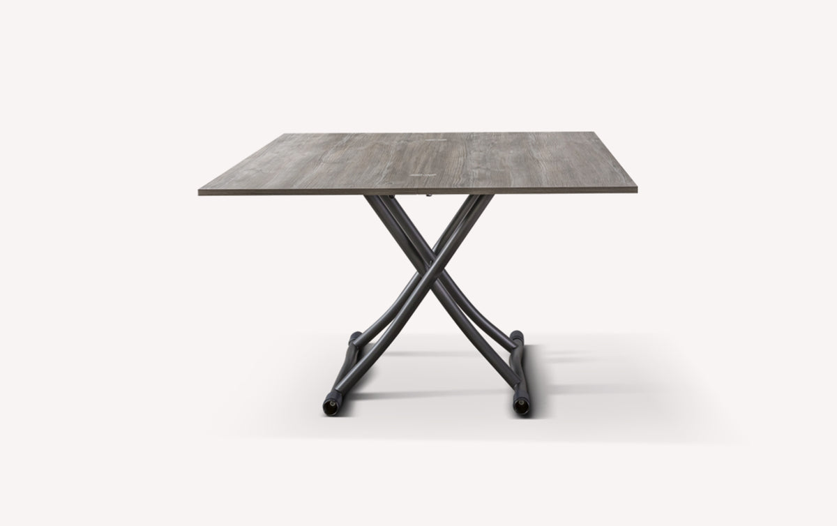 Table extensible Sydney avec plateau en bois et pieds croisés en métal, vue de face