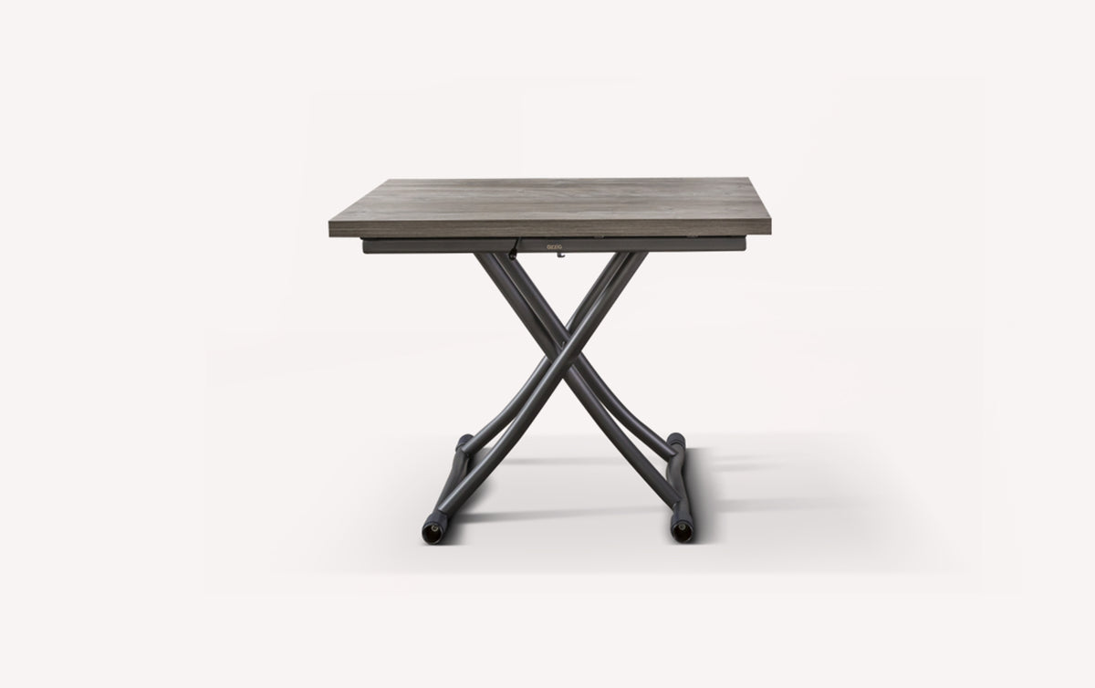 Table extensible Sydney avec plateau en bois et pieds croisés en métal, vue de face