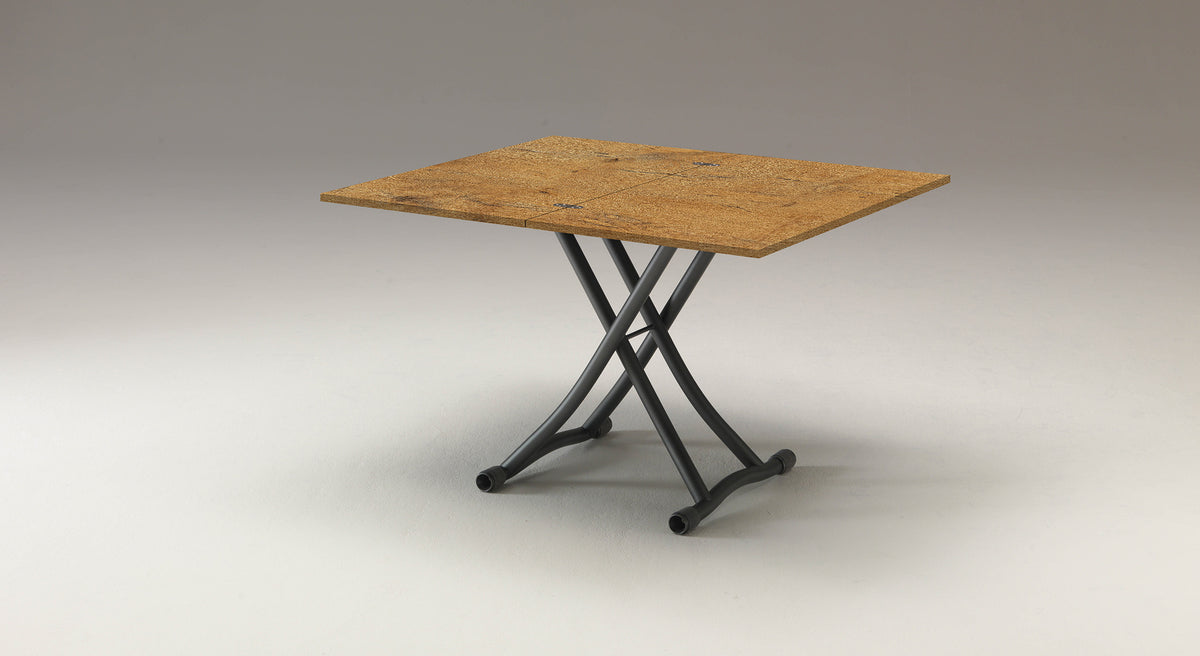 Table extensible au plateau mélaminé finition Vecchio antico avec pied en métal noir, modèle SYDNEY Mélaminé Vecchio antico, idéal pour optimiser l'espace repas.
