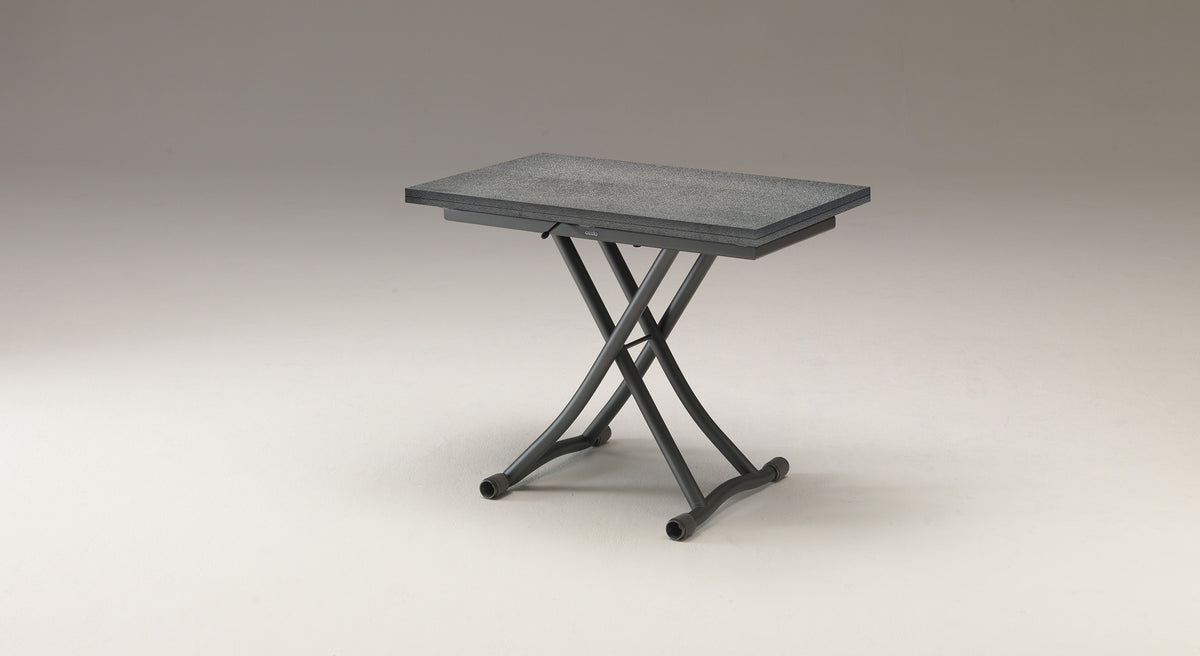 Table extensible SYDNEY Mélaminé Pietra avec plateau imitation pierre et piétement en métal noir, design moderne et fonctionnel pour espace repas modulable.