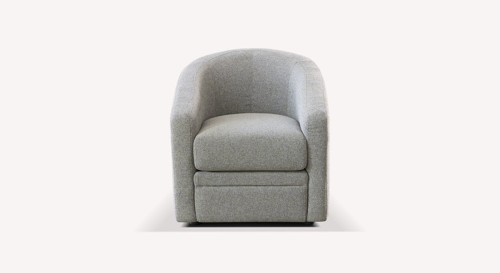 Fauteuil gris moderne avec accoudoirs arrondis, design compact et élégant