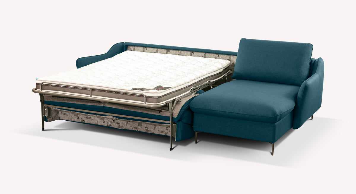 Canapé d'angle convertible en tissu bleu océan, modèle Bogart, avec matelas déplié