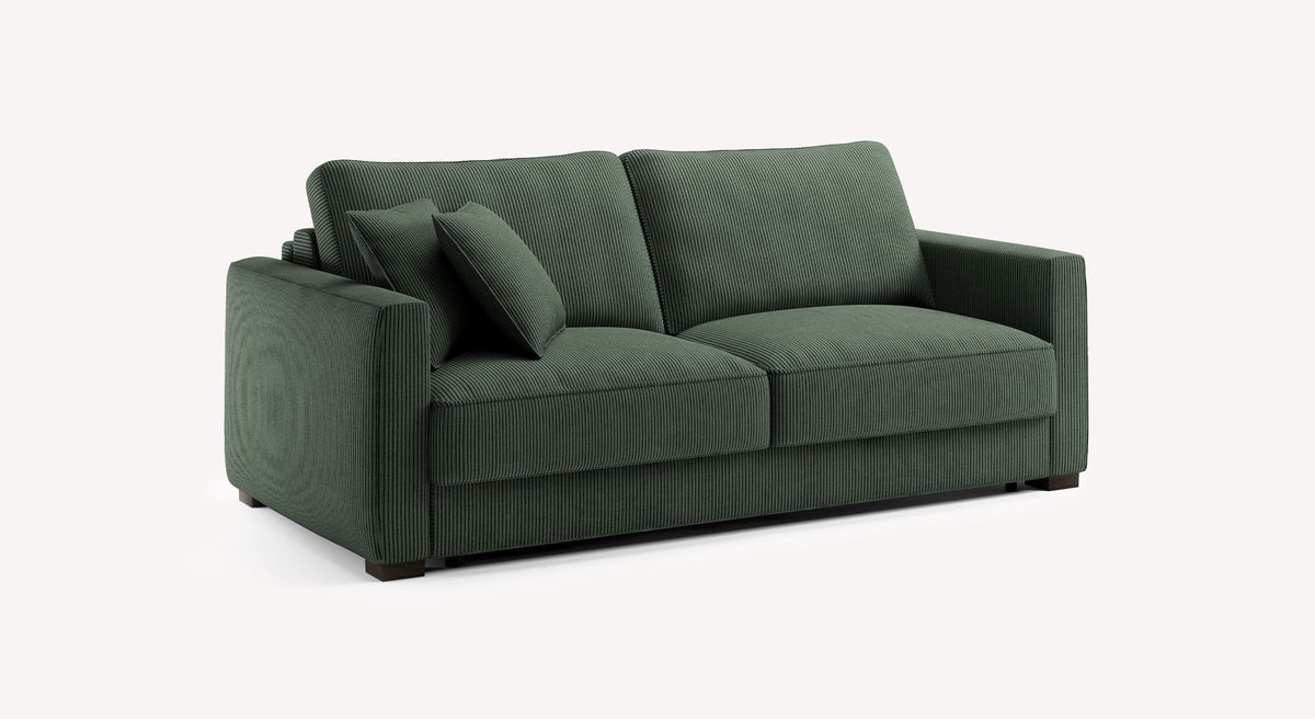 Canapé convertible Cocoon Lincoln en tissu vert sapin avec coussins assortis