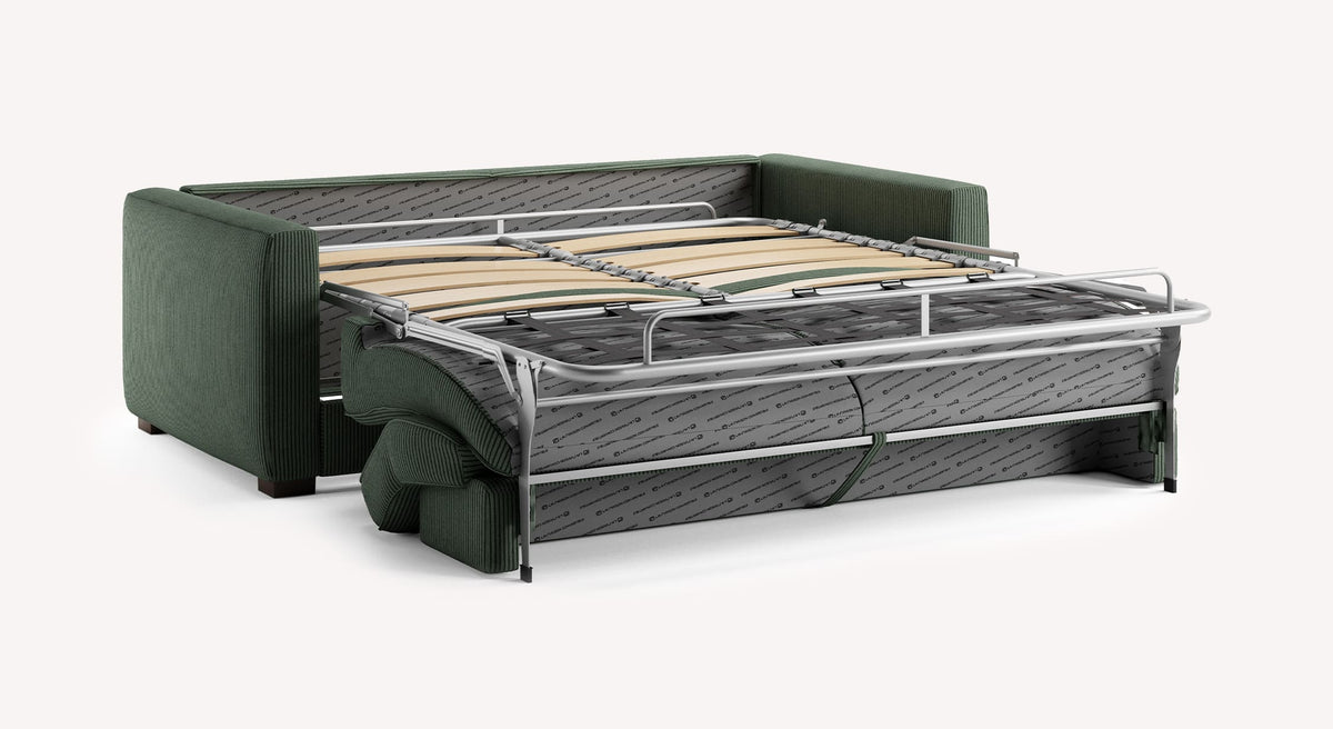 Canapé convertible vert Lincoln Cocoon avec structure de lit dépliée, montrant le mécanisme et le matelas