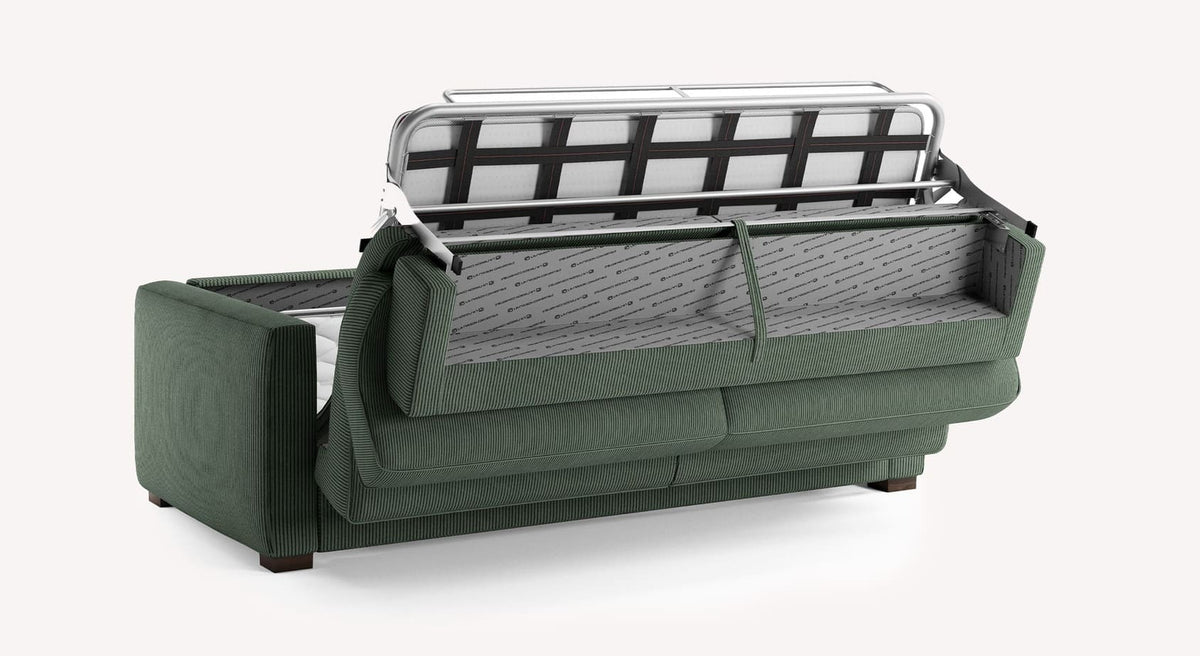 Canapé convertible Cocoon Lincoln en tissu vert sapin, mécanisme de dépliage visible