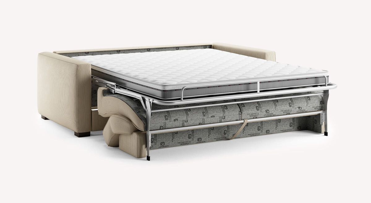 Canapé convertible COCOON Teatro Sand en tissu beige avec un matelas déployé pour couchage quotidien, alliant confort et design moderne signé La Maison Convertible.