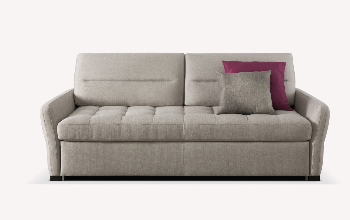 Canapé convertible Gemini en tissu beige avec coussins gris et violet