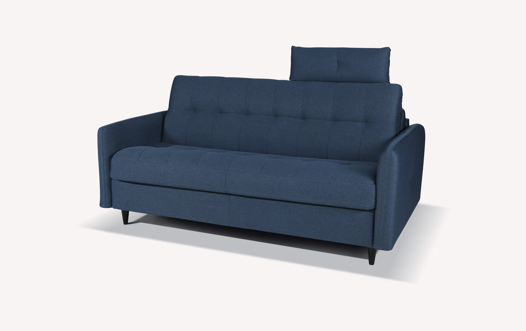 Canapé convertible SOHO Luna Denim en tissu bleu, style moderne avec dossier ajustable, idéal pour un couchage quotidien confortable.
